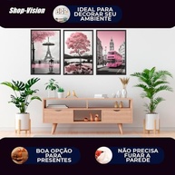 Quadros Decorativos Londres e Paris com Árvore da Vida Rosa - Kit 3 Peças 60x40 - imagem 5