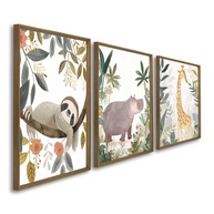 Quadros Decorativos Infantil Animais da Selva - Bicho-Preguiça, Hipopótamo e Girafa | 50x75cm em Madeira - imagem 1