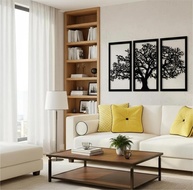 Quadro Decorativo Árvore da Vida 3 Painéis 60x40cm - MDF Preto Moderno para Sala de Estar - imagem 3