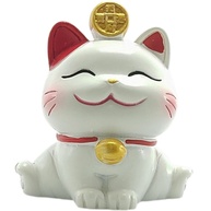 Maneki Neko Branco e Vermelho - Estátua de Gato da Sorte Japonês com Moeda Dourada para Decoração - imagem 1
