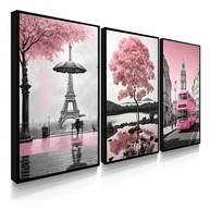 Quadros Decorativos Londres e Paris com Árvore da Vida Rosa - Kit 3 Peças 60x40 - imagem 2