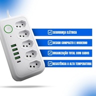 Régua de Energia Premium: 5 Tomadas, 4 USBs + 1 Tipo-C, Proteção 2500W e Cabo 2m (Branco) - imagem 4