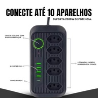 Régua de Energia Premium 5 Tomadas + 4 USB + 1 Tipo-C | Filtro de Linha Preto 2m 2500W - imagem 3