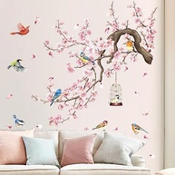 Adesivos de Parede Flores de Cerejeira Rosa - Decalque Floral com Pássaros para Sala de Estar e Quarto - imagem 5