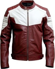 Jaqueta masculina de couro motociclista de pele de carneiro genuína | Branco marrom, gola alta. - imagem 1
