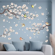 DECOWALL Ramo de Flor de Cerejeira Branco - Adesivo de Parede Removível para Decoração Floral com Pássaros - imagem 3