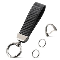 JUSTTOP Chaveiro de couro, chaveiro de carro de fibra de carbono com anel D antiperda e 2 chaveiros, acessórios para carro (preto) - imagem 2