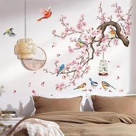 Adesivos de Parede Flores de Cerejeira Rosa - Decalque Floral com Pássaros para Sala de Estar e Quarto - imagem 4
