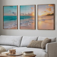 Quadro Triplo de Arte 3 Telas - Paisagem Mar e Praia ao Pôr do Sol | Moldura Tabaco 60x90cm com Vidro - imagem 1