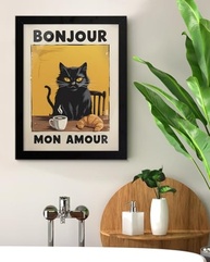 Pôster de Arte de Parede com Gato Engraçado 'Bonjour Mon Amour' - 15x20cm | Decore com Charme e Humor - imagem 3