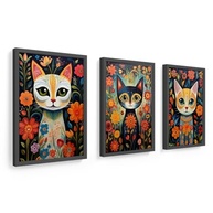 Trio de Quadros 18x24 cm com Moldura em Madeira - Arte Folk Mexicana de Gatos e Flores - imagem 2