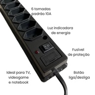 Régua de Energia 6 Tomadas com Filtro de Linha e Fusível de Proteção - 1 Metro - imagem 4