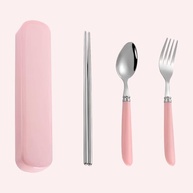 Conjunto de Talheres Reutilizáveis em Aço Inox com Caixa Portátil Rosa - Garfo, Colher e Pauzinhos para Acampamento, Escola e Escritório - imagem 2
