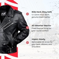 HWK Brando Jaqueta de couro para motociclista masculina, jaqueta de couro preto genuíno com armadura CE removível para andar de motocicleta - imagem 3