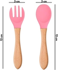 Kit Garfo e Colher de Silicone com Cabo de Madeira - Rosa | Seguro e Ergonômico para Introdução Alimentar - imagem 3