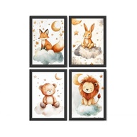Kit 4 Quadros para Quarto de Bebê - Tema Nuvem e Animais Fofos - Moldura em Madeira Premium - imagem 4
