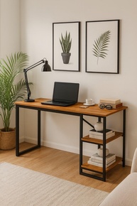 Mesa Home Office com Prateleiras de Metal E&A – Design Industrial Moderno em Preto e Canela - imagem 1