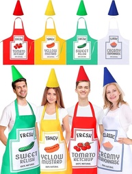 Mepase Conjunto de 4 condimentos, ketchup, maionese, mostarda, avental de Halloween e chapéus engraçados, condimento, comida, cosplay, roupas de festa, fantasias para mulheres e homens - imagem 1