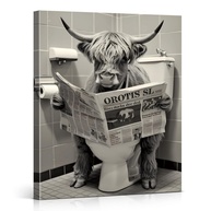 Arte de Parede Engraçada para Banheiro - Vaca Lendo Jornal no Vaso - 20x25cm - imagem 1
