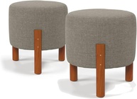 Puff Redondo Luxo com Pés de Madeira - Encanto em Linho Cinza | Decore com Charme e Conforto - imagem 1
