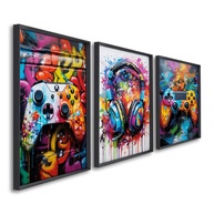 Quadro Decorativo Gamer Vibes - Trio de Quadros em Arte Graffiti (Preto, 60x90 cm) - imagem 1