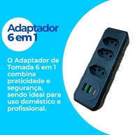 Adaptador Tomada 6 em 1: Régua de Energia com 3 Tomadas, 2 USB e 1 USB-C Bivolt (Preto) - imagem 3