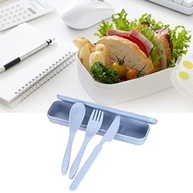 Conjunto de Talheres Portáteis em Palha de Trigo Reutilizáveis com Estojo - Ideal para Viagem, Piquenique e Acampamento (Azul) - imagem 3