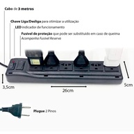 Filtro de Linha Universal 6 Tomadas: Proteção e Praticidade com Cabo de 3 Metros e LED - imagem 4
