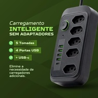 Régua de Energia Inteligente Premium: 5 Tomadas, 4 USB, 1 Tipo-C, Cabo 2m, 2500W - imagem 4