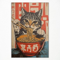 Arte de Parede Gato Japonês Vintage - Pôster Engraçado de Gato Preto com Ramen para Decoração Exclusiva - imagem 1