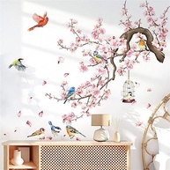 Adesivos de Parede Flores de Cerejeira Rosa - Decalque Floral com Pássaros para Sala de Estar e Quarto - imagem 2