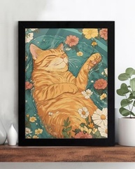 Quadro Decorativo de Gato com Estampa Floral Laranja - 15x20cm | Decoração de Parede Estética para Banheiro e Cômodos - imagem 5