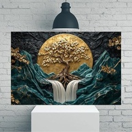 Arte de Parede Vintage Golden Tree Waterfall Mountains - Tela Rústica 30x45cm para Decoração Moderna - imagem 2
