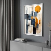 Quadro Decorativo Abstrato Bege Laranja Azul com Moldura - Arte Moderna para Sala e Quarto - imagem 5