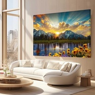 Quadro Decorativo Montanhas com Girasol 90x60cm - Paisagem em Tecido para Sala, Quarto e Escritório - imagem 3