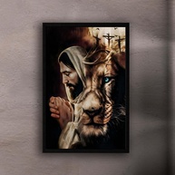 Quadro Decorativo 60x40 Jesus Orando Leão com Coroa de Espinhos - Moldura Preta em Madeira Premium - imagem 1