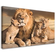 Quadro Decorativo Leão Família - Casal com 3 Filhos em Tela e Madeira 60x90cm - imagem 2