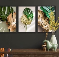Quadro Decorativo Folhas e Plantas Verdes - Amazonia Gold | Kit 3 Peças com Fita Dupla Face - imagem 3