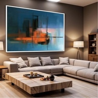 Quadro Decorativo com Moldura Sala 130x90 Abstrato Riscos Azul Laranja Luxo Grande Horizontal - Arte Moderna para Ambientes Elegantes - imagem 2
