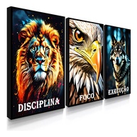 Quadros Decorativos Disciplina Execução Foco Leão - Kit 3 Peças para Escritório - imagem 1