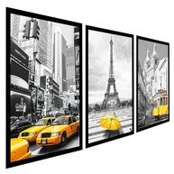 Quadros Decorativos Cidades do Mundo em Amarelo - Nova York, Paris e Lisboa | Kit com 3 Peças em Alta Definição - imagem 1