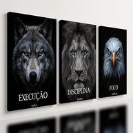 Kit 3 Quadros Decorativos Leão Motivação Disciplina Execução Foco Premium 40x28cm - imagem 1
