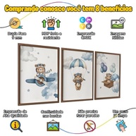 Conjunto de 3 Quadros Decorativos Infantis Urso Aviador Azul - Moldura Marrom para Quarto de Bebê - imagem 5
