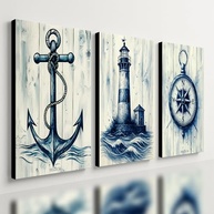 Kit 3 Quadros Decorativos Marítimos Premium - Veleiro, Barco e Farol (40x28cm) - imagem 2