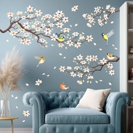 DECOWALL Ramo de Flor de Cerejeira Branco - Adesivo de Parede Removível para Decoração Floral com Pássaros - imagem 1