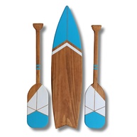 Kit Decoração Náutica Artesanal | 2 Remos e 1 Prancha em Madeira com Design Tribal Azul Celeste - imagem 1