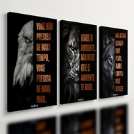 Kit 3 Quadros Decorativos Motivacionais Leão, Águia e Lobo - Inspire-se com Foco e Determinação (40x28cm) - imagem 1