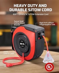 Carretel de Extensão Retrátil DEWENWILS 60 Pés - Serviço Pesado 12AWG/3C SJTOW com 3 Tomadas Iluminadas e Disjuntor 15A - imagem 4