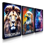 Quadros Decorativos Disciplina Foco Execução Leão Lobo Águia - Kit 3 Peças para Escritório - imagem 2