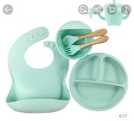 Kit Refeição Bebê com 6 Peças, Prato com Divisórias, Tigela e Talheres em Silicone, Rosa, Bege e Verde - imagem 4
